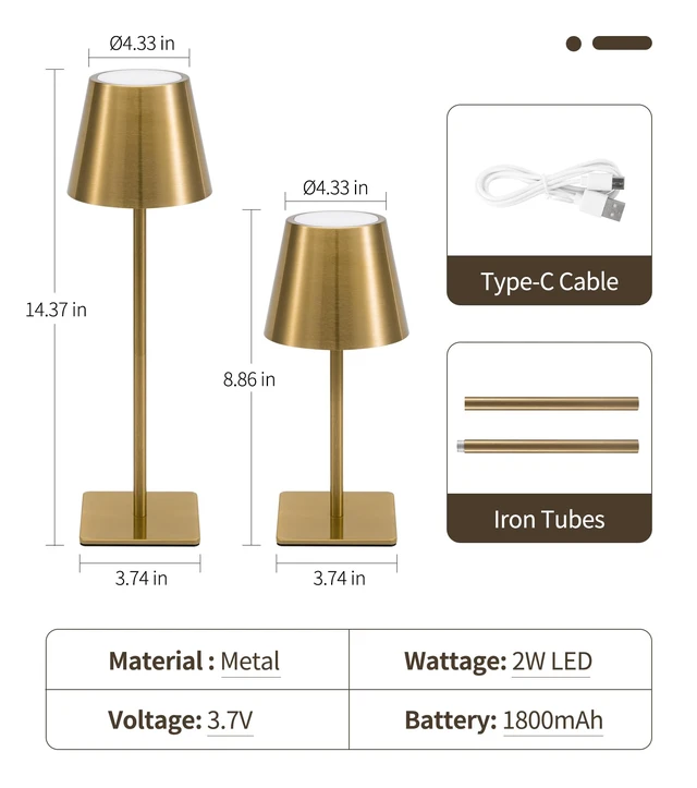Alt view image 6 of 7 - 3 Pack Cordless Table Lamp, Battery Operated Lamp - Portable Waterproof Rechargeable Table Lamp w/ 3 Color Temps & Stepless Dimming for Dinner, Desk, Cafe, Outdoor (Brushed Gold)