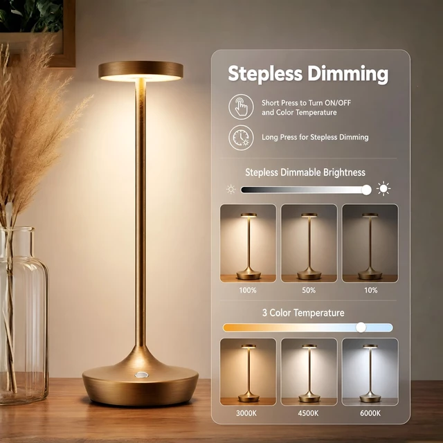 Alt view image 7 of 7 - 2 Pack Cordless Table Lamps Rechargeable 6000mAh, 72H Runtime | Stepless Touch Dimming with 3 Color Modes & Memory Function, IP54 Waterproof for Restaurants, Dining, Home & Patios (Bronze)
