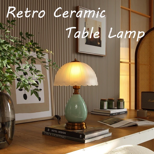 Alt view image 2 of 6 - 16" Vintage Ceramic Table Lamp for Bedroom,Mushroom Lamps (LD001) | Mid Century Modern Ceramic Lamps for Living Room,Retro Bedside Glass Lamps, Classic Chinoiserie Green Lamp for Home Decor
