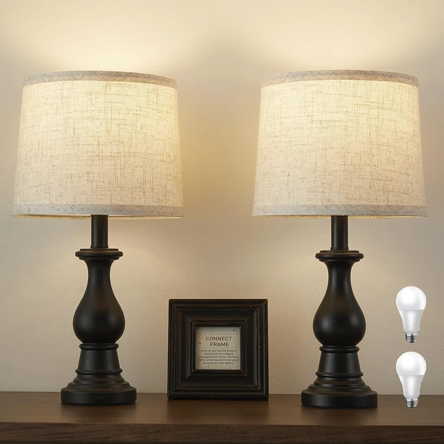 Main image of Table Lamps Set of 2, 18.5" Vintage Bedside Lamps for Bedroom Living Room | Farmhouse Nightstand Lamps with Oatmeal Linen Shades, 3 Color Temperature Switchable, Includes 2 LED Bulbs, Black Metal Base