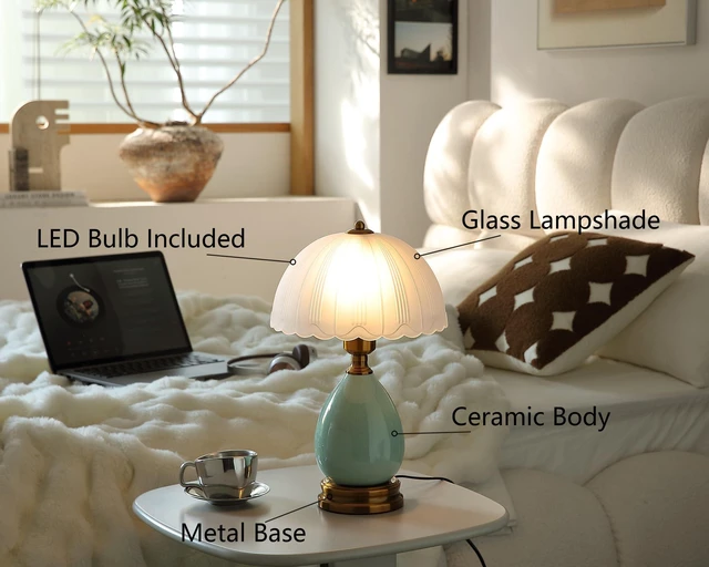 Alt view image 6 of 6 - 16" Vintage Ceramic Table Lamp for Bedroom,Mushroom Lamps (LD001) | Mid Century Modern Ceramic Lamps for Living Room,Retro Bedside Glass Lamps, Classic Chinoiserie Green Lamp for Home Decor