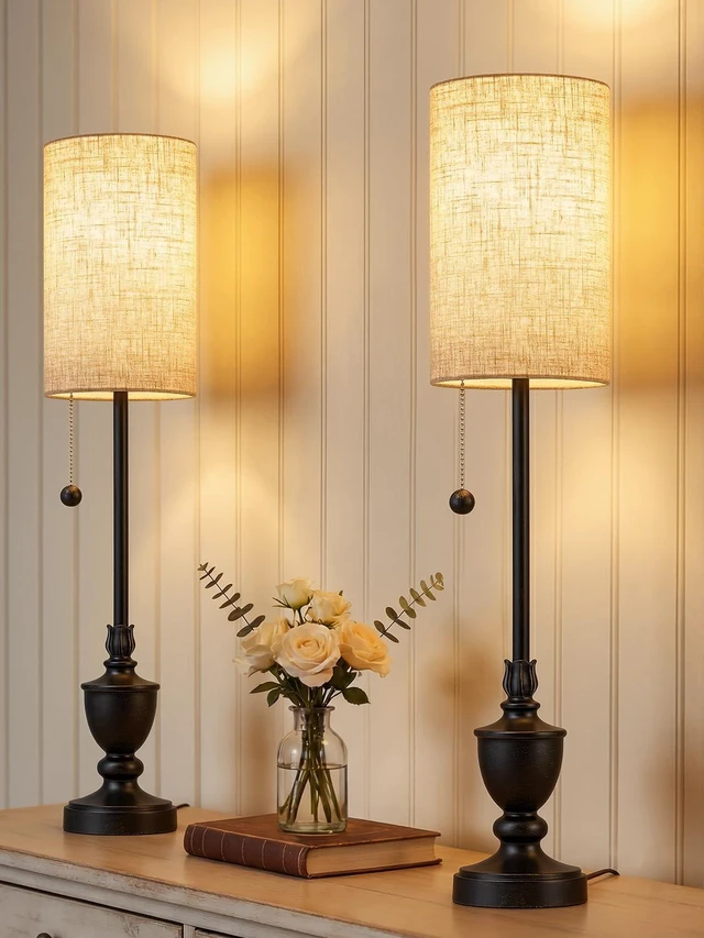 Main image of Buffet Table Lamps Set of 2,28" Tall Skinny Black Resin Living Room Lamp | Traditional Rustic Candlestick Lamp with Pull Chain for Console Table,Dining Sideboard,Entryway,Hallway,Bedroom,Bedside