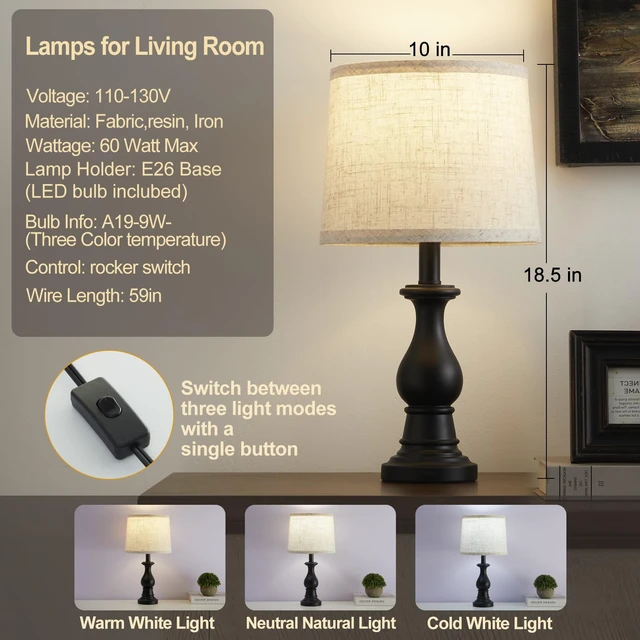Alt view image 2 of 7 - Table Lamps Set of 2, 18.5" Vintage Bedside Lamps for Bedroom Living Room | Farmhouse Nightstand Lamps with Oatmeal Linen Shades, 3 Color Temperature Switchable, Includes 2 LED Bulbs, Black Metal Base