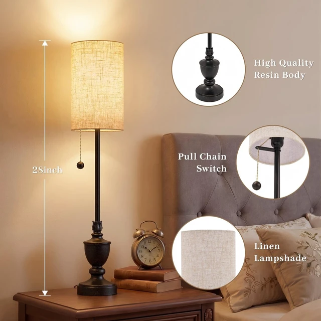 Alt view image 3 of 7 - Buffet Table Lamps Set of 2,28" Tall Skinny Black Resin Living Room Lamp | Traditional Rustic Candlestick Lamp with Pull Chain for Console Table,Dining Sideboard,Entryway,Hallway,Bedroom,Bedside
