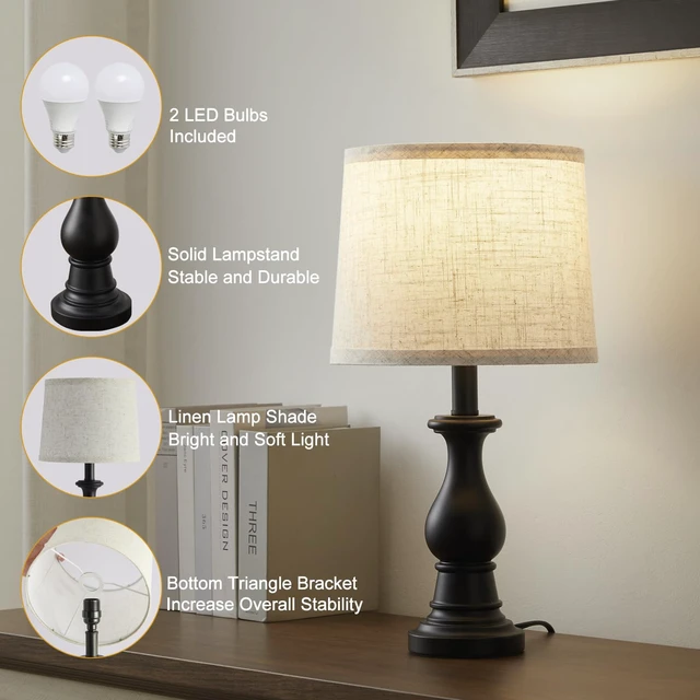 Alt view image 3 of 7 - Table Lamps Set of 2, 18.5" Vintage Bedside Lamps for Bedroom Living Room | Farmhouse Nightstand Lamps with Oatmeal Linen Shades, 3 Color Temperature Switchable, Includes 2 LED Bulbs, Black Metal Base