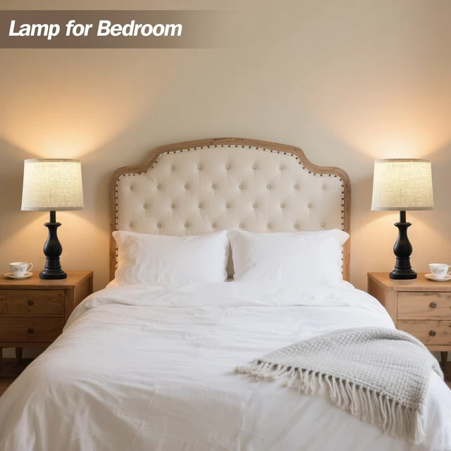 Alt view image 5 of 7 - Table Lamps Set of 2, 18.5" Vintage Bedside Lamps for Bedroom Living Room | Farmhouse Nightstand Lamps with Oatmeal Linen Shades, 3 Color Temperature Switchable, Includes 2 LED Bulbs, Black Metal Base