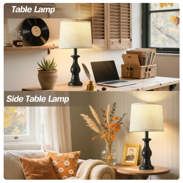 Alt view image 7 of 7 - Table Lamps Set of 2, 18.5" Vintage Bedside Lamps for Bedroom Living Room | Farmhouse Nightstand Lamps with Oatmeal Linen Shades, 3 Color Temperature Switchable, Includes 2 LED Bulbs, Black Metal Base