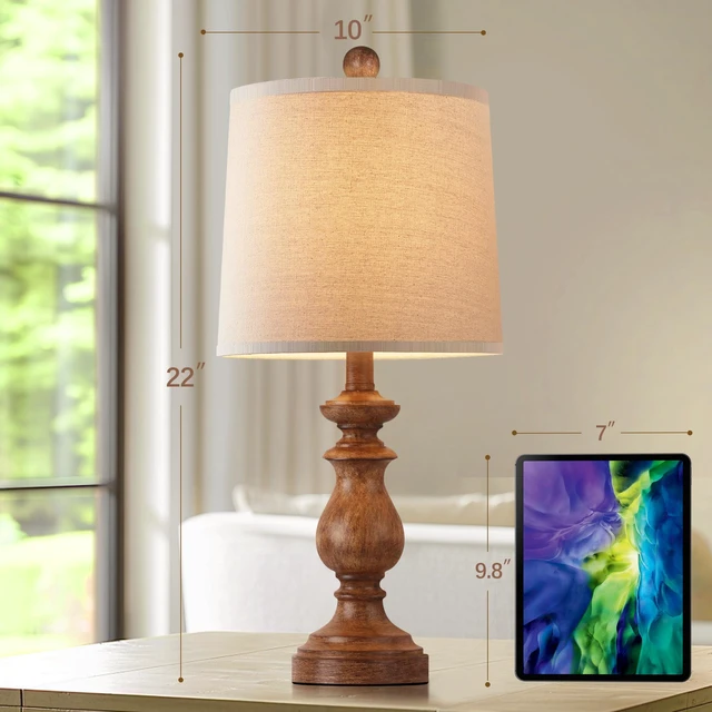 Alt view image 3 of 7 - Traditional Table Lamp Set of 2, Rustic Farmhouse Table Lamps for Living Room Bedroom, 22" Bedside Desk Lamps Vintage Nightstand Lamps with Linen Shades, Wood Grain