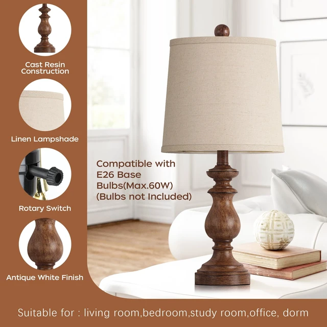 Alt view image 4 of 7 - Traditional Table Lamp Set of 2, Rustic Farmhouse Table Lamps for Living Room Bedroom, 22" Bedside Desk Lamps Vintage Nightstand Lamps with Linen Shades, Wood Grain