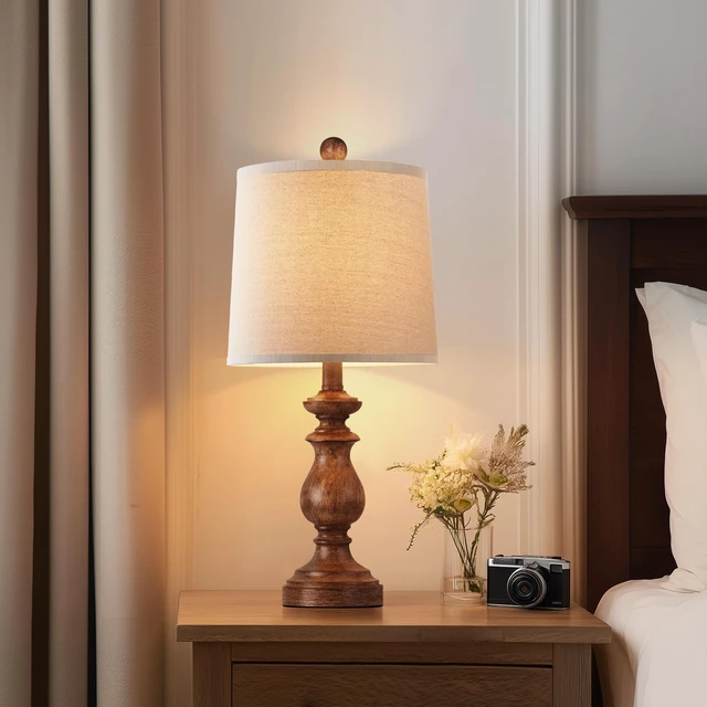 Alt view image 5 of 7 - Traditional Table Lamp Set of 2, Rustic Farmhouse Table Lamps for Living Room Bedroom, 22" Bedside Desk Lamps Vintage Nightstand Lamps with Linen Shades, Wood Grain