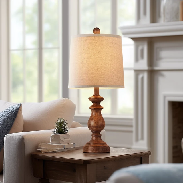 Alt view image 6 of 7 - Traditional Table Lamp Set of 2, Rustic Farmhouse Table Lamps for Living Room Bedroom, 22" Bedside Desk Lamps Vintage Nightstand Lamps with Linen Shades, Wood Grain