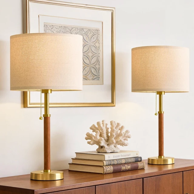 Main image of 22" Wood Table Lamps Mid Century Modern Lamp for Bedroom Living Room | Bedside Lamps for Night Stands Nightstand Lamp with Pull Chain Gold Small Side End Table Lamps Set of 2 Vintage Deco Gifts