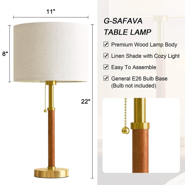 Alt view image 2 of 7 - 22" Wood Table Lamps Mid Century Modern Lamp for Bedroom Living Room | Bedside Lamps for Night Stands Nightstand Lamp with Pull Chain Gold Small Side End Table Lamps Set of 2 Vintage Deco Gifts