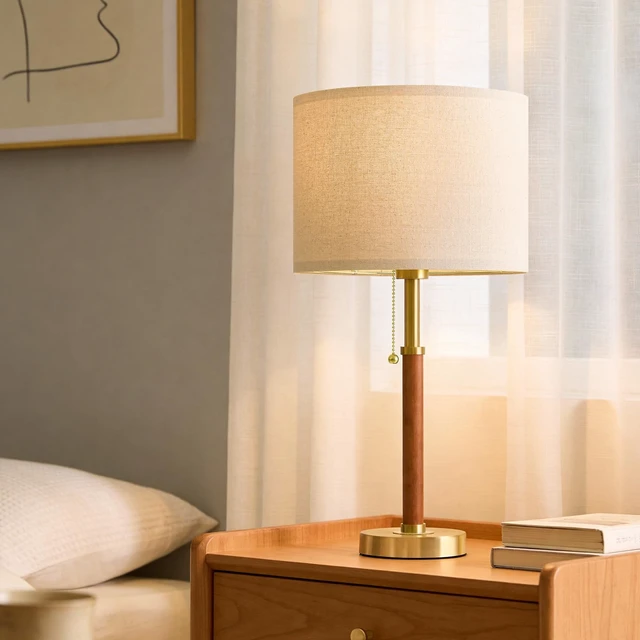 Alt view image 6 of 7 - 22" Wood Table Lamps Mid Century Modern Lamp for Bedroom Living Room | Bedside Lamps for Night Stands Nightstand Lamp with Pull Chain Gold Small Side End Table Lamps Set of 2 Vintage Deco Gifts