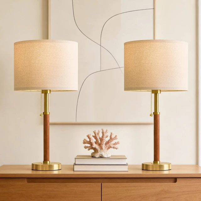 Alt view image 4 of 7 - 22" Wood Table Lamps Mid Century Modern Lamp for Bedroom Living Room | Bedside Lamps for Night Stands Nightstand Lamp with Pull Chain Gold Small Side End Table Lamps Set of 2 Vintage Deco Gifts