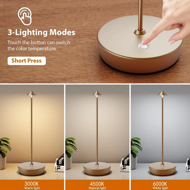 Alt view image 3 of 6 - 2Pack Rechargeable Cordless Table Lamp, Portable Powered LED Battery 6000mAh Metal USB Desk Lamp, 3 Levels Brightness Light for Restaurants Outdoor (2pack Titanium)