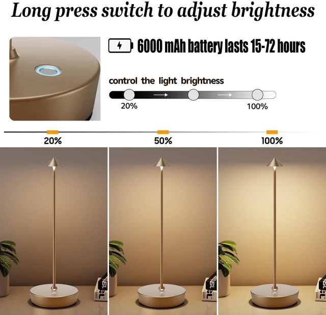 Alt view image 4 of 6 - 2Pack Rechargeable Cordless Table Lamp, Portable Powered LED Battery 6000mAh Metal USB Desk Lamp, 3 Levels Brightness Light for Restaurants Outdoor (2pack Titanium)