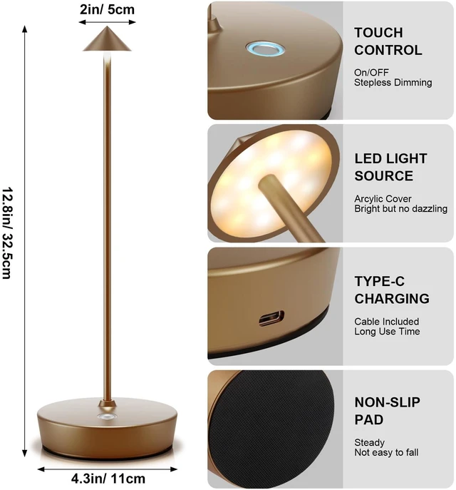 Alt view image 6 of 6 - 2Pack Rechargeable Cordless Table Lamp, Portable Powered LED Battery 6000mAh Metal USB Desk Lamp, 3 Levels Brightness Light for Restaurants Outdoor (2pack Titanium)