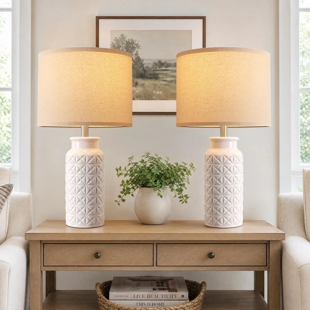 Alt view image 2 of 7 - 22.6" Modern Ceramic Bedside Lamps Set of 2, Lamps for Bedroom,White | Table Lamps for Living Room, Nightstand Lamps, End Table, Farmhouse Home Decor, Desk Lamp for Housewarming Gifts New Home