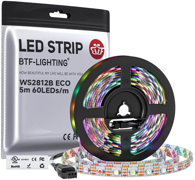 Main image of WS2812B IC RGB LED Strip,UL Listed,DC5V 16.4FT 300LED IP30 | ECO Alloy Wires White PCB Individually Addressable 5050SMD for DIY Chasing Color Project,3M Tape(No Adapter or Controller)