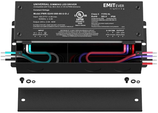 Alt view image 2 of 7 - 60W 24V 5-in-1 Dimmable LED Driver,AC 110-277V to DC Power Supply | ELV/MLV/TRIAC/0-10V/PWM Compatible,Works with Lutron & Leviton,Transformer for LED Lighting,Waterproof IP67,UL Listed,class 2