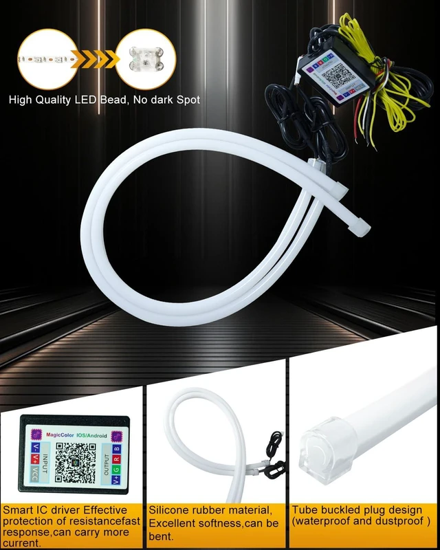 Alt view image 4 of 7 - Sequential LED Strips APP Bluetooth Control RGB Multi Color Headlight 24Inch LED Daytime Running Lights Flexible DRL Tube Strip 12V 2-Pack