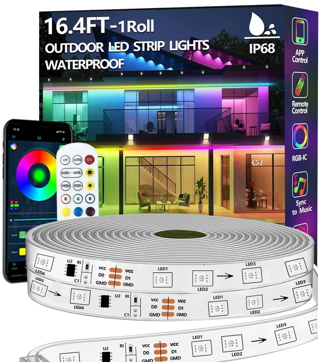 Main image of 16.4FT Outdoor LED Strip Light Waterproof,IP68 Outside RGB+IC Light Strip with App/Remote Control,Chase Mode,Music Sync Light for Balcony,Deck,Rooftop,Garden,Pool