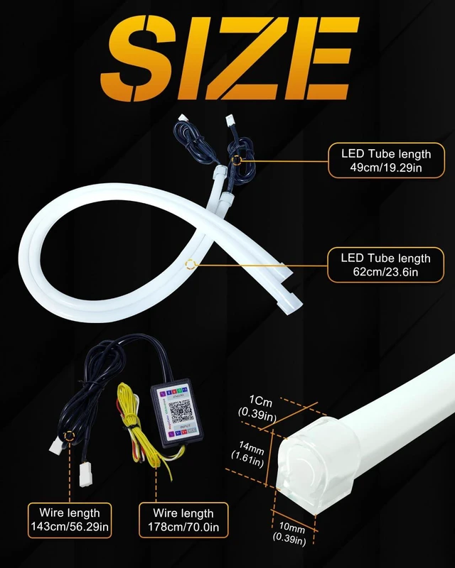Alt view image 5 of 7 - Sequential LED Strips APP Bluetooth Control RGB Multi Color Headlight 24Inch LED Daytime Running Lights Flexible DRL Tube Strip 12V 2-Pack