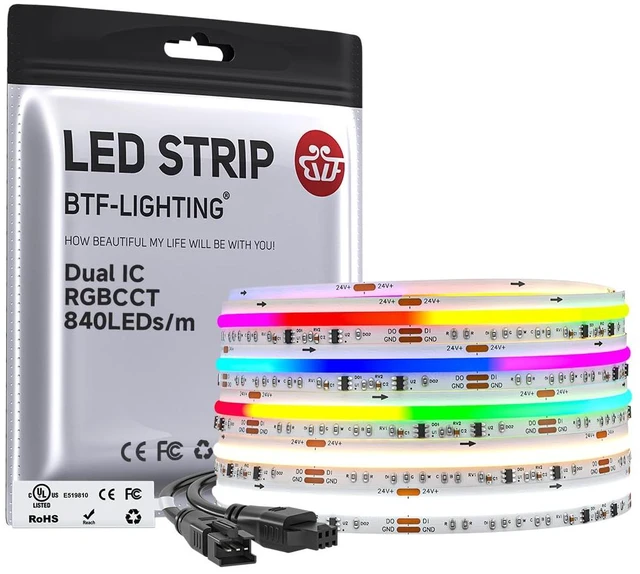 Main image of 16.4FT WS2811 Dual IC Chasing RGBCCT DC24V COB LED Strip Light | UL Listed High Density 840LEDs/m Chasing IC RGB Light+Tunable White 3000K-6000K,10mm Width 3M Tape(No Adapter or Controller)