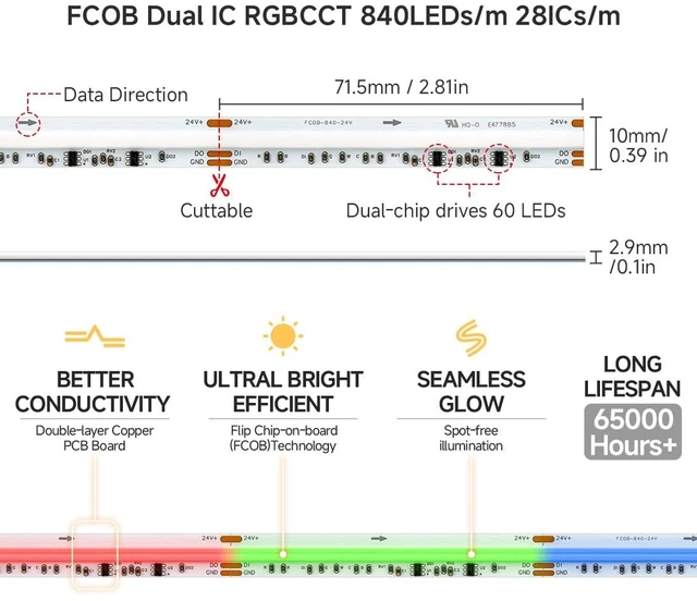 Alt view image 5 of 7 - 16.4FT WS2811 Dual IC Chasing RGBCCT DC24V COB LED Strip Light | UL Listed High Density 840LEDs/m Chasing IC RGB Light+Tunable White 3000K-6000K,10mm Width 3M Tape(No Adapter or Controller)