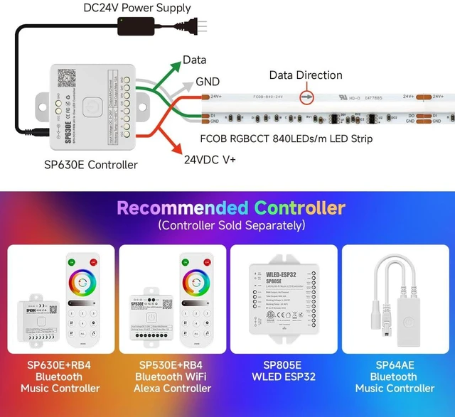 Alt view image 6 of 7 - 16.4FT WS2811 Dual IC Chasing RGBCCT DC24V COB LED Strip Light | UL Listed High Density 840LEDs/m Chasing IC RGB Light+Tunable White 3000K-6000K,10mm Width 3M Tape(No Adapter or Controller)