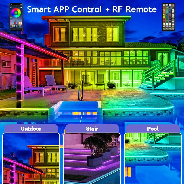 Alt view image 2 of 7 - 100ft Outdoor LED Strip Lights Waterproof,IP68 Outside Led Light Strips Waterproof with Bluetooth App Remote Control,Music Sync RGB Exterior Led Rope Lights,for Balcony,Deck,Roof,Garden,Pool