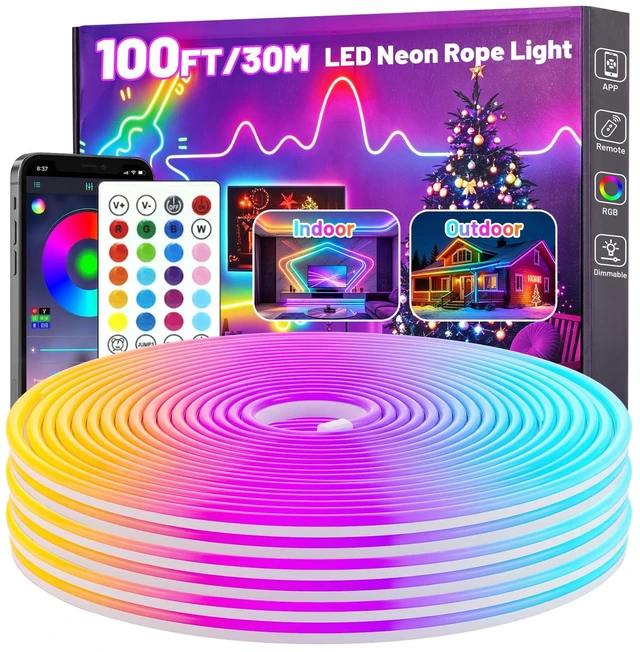 Main image of 100FT RGB LED Neon Rope Lights (50FT* 2 Rolls), Flexible LED Strip Lights | Flexible Waterproof App & Remote Control Music Sync LED Rope Lights, Multiple Modes for Bedroom Gaming Room & Outdoor Decor