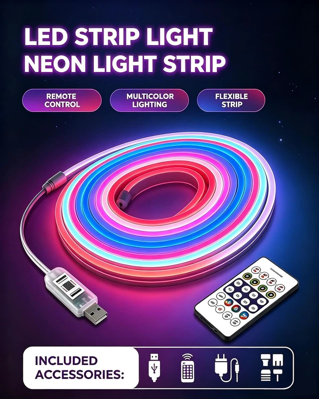 Alt view image 2 of 7 - LED Neon Rope Lights, RGB Strip Lights 10FT | Light Follows Sound, Custom Colors, Remote Control, Waterproof IP68, DIY Design