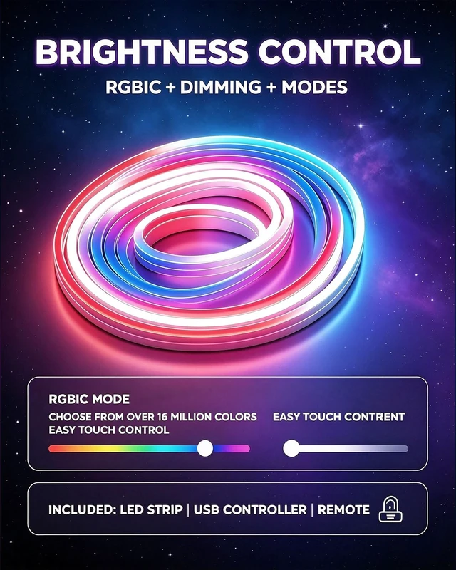 Alt view image 4 of 7 - LED Neon Rope Lights, RGB Strip Lights 10FT | Light Follows Sound, Custom Colors, Remote Control, Waterproof IP68, DIY Design
