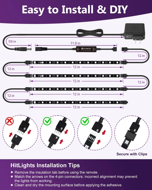 Alt view image 7 of 7 - LED Strip Lights Kit, RGB Color Changing Tape Light Pre-Cut 4FT | UL Listed with RF Remote 12V Power Supply Connectors, Dimmable 12 Colors 19 Dynamic Modes for Cabinet Shelf Display Backlight