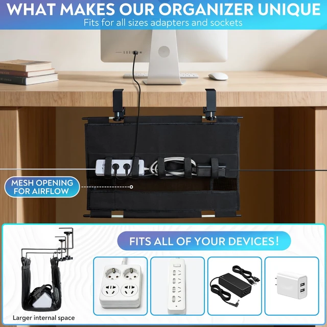 Alt view image 2 of 7 - Under Desk Cable Organizer, Cable Management Tray, Clamp or Screw Mount | Heavy-Duty Oxford 900D Fabric, 20-Piece Cable Management Kit, Supports Up to 17.6 lbs