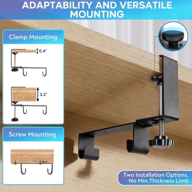 Alt view image 3 of 7 - Under Desk Cable Organizer, Cable Management Tray, Clamp or Screw Mount | Heavy-Duty Oxford 900D Fabric, 20-Piece Cable Management Kit, Supports Up to 17.6 lbs