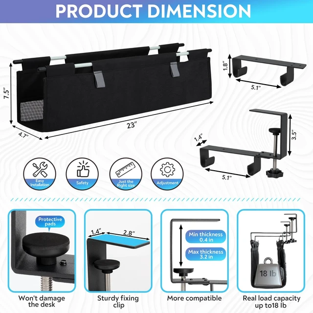 Alt view image 6 of 7 - Under Desk Cable Organizer, Cable Management Tray, Clamp or Screw Mount | Heavy-Duty Oxford 900D Fabric, 20-Piece Cable Management Kit, Supports Up to 17.6 lbs