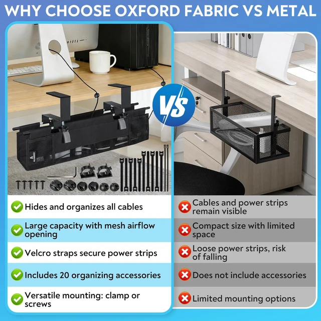 Alt view image 5 of 7 - Under Desk Cable Organizer, Cable Management Tray, Clamp or Screw Mount | Heavy-Duty Oxford 900D Fabric, 20-Piece Cable Management Kit, Supports Up to 17.6 lbs