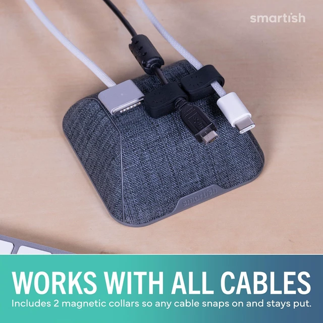 Alt view image 6 of 7 - Smartish Magnetic Cord Holder, Cable Wrangler, Nightstand & Desk Organizer | Holds 5 Cords, 2 Cable Clips, Weighted Base, Charger Keeper, Phone Charging Cable Management, Home Office Accessories, Gray