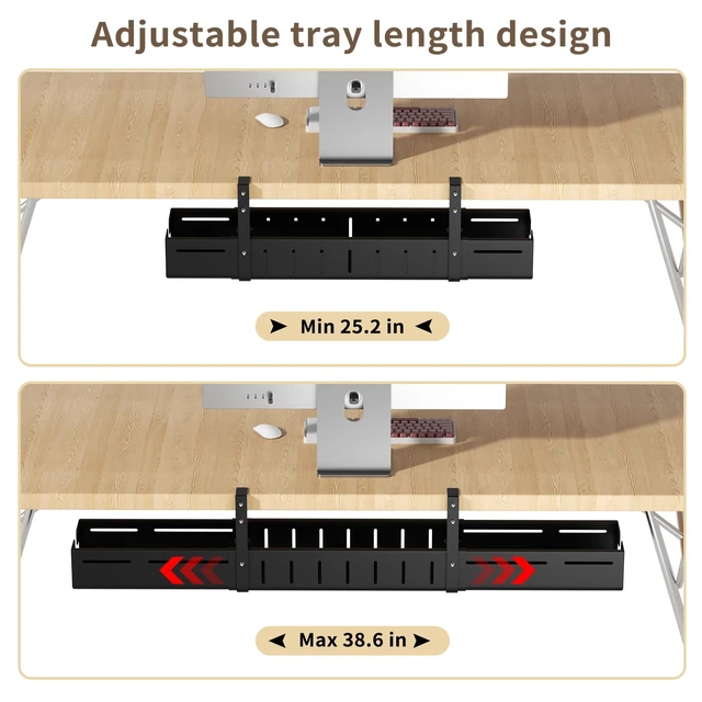Alt view image 2 of 7 - Under Desk Cable Management Tray,Expandable 25.2" 38.6",Black | Heavy Duty Carbon Steel,Cable Tray with No Drill Clamp Mount,Adjustable Under Desk Cord Management for Office Home,Rustproof