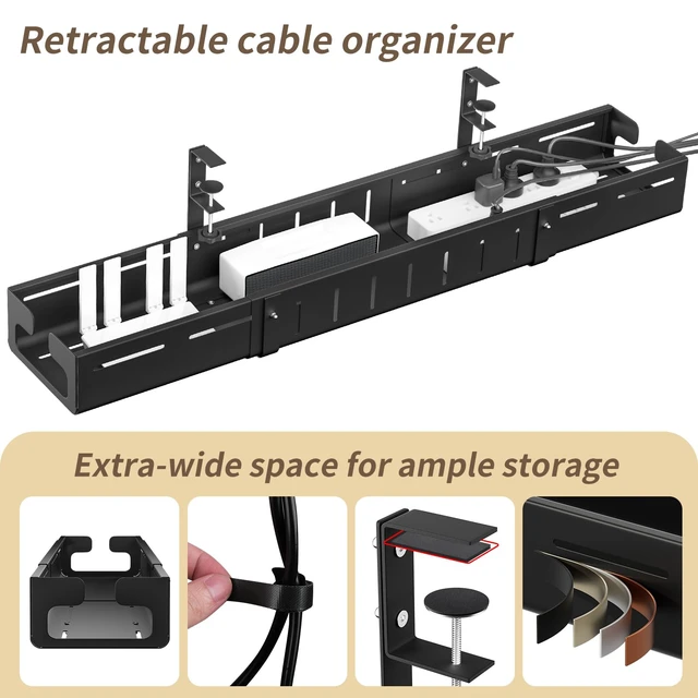 Alt view image 4 of 7 - Under Desk Cable Management Tray,Expandable 25.2" 38.6",Black | Heavy Duty Carbon Steel,Cable Tray with No Drill Clamp Mount,Adjustable Under Desk Cord Management for Office Home,Rustproof