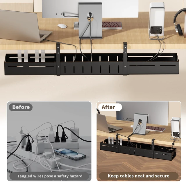 Alt view image 3 of 7 - Under Desk Cable Management Tray,Expandable 25.2" 38.6",Black | Heavy Duty Carbon Steel,Cable Tray with No Drill Clamp Mount,Adjustable Under Desk Cord Management for Office Home,Rustproof