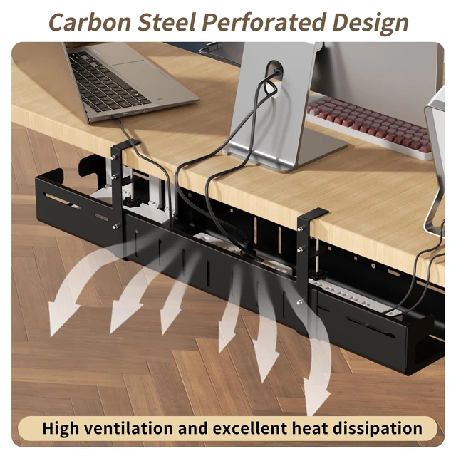 Alt view image 5 of 7 - Under Desk Cable Management Tray,Expandable 25.2" 38.6",Black | Heavy Duty Carbon Steel,Cable Tray with No Drill Clamp Mount,Adjustable Under Desk Cord Management for Office Home,Rustproof