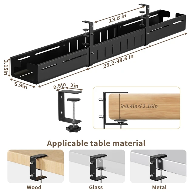 Alt view image 6 of 7 - Under Desk Cable Management Tray,Expandable 25.2" 38.6",Black | Heavy Duty Carbon Steel,Cable Tray with No Drill Clamp Mount,Adjustable Under Desk Cord Management for Office Home,Rustproof