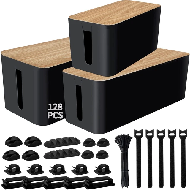 Main image of 128PCS Cable Management Box 3Pack Cable Management Kit for Power Strip to Hide Wires,Cord Hider Boxes,Cord Box Safe ABS Material Wire Organizer of Cable Clips Sleeve for Home & Office, Black