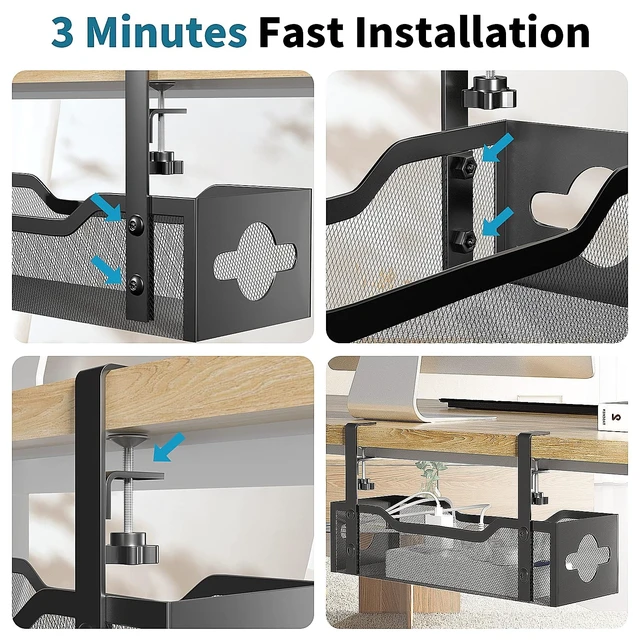 Alt view image 6 of 7 - Under Desk Cable Management Tray No Drill, Metal Mesh Cable Management Under Desk with Clamp Mount, 2 Hole Cable Tray with Wire Management and Cord Organizer for Home Office Standing Desk