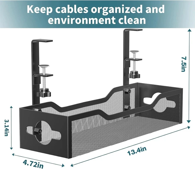 Alt view image 7 of 7 - Under Desk Cable Management Tray No Drill, Metal Mesh Cable Management Under Desk with Clamp Mount, 2 Hole Cable Tray with Wire Management and Cord Organizer for Home Office Standing Desk