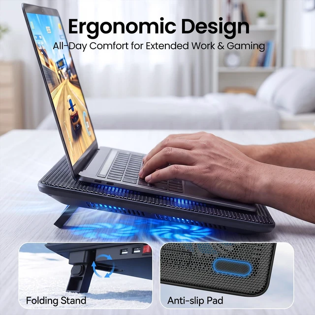 Alt view image 4 of 7 - Laptop Cooling Pad, Portable Slim Laptop Cooler for 12"-17" Laptops | 60% High-Efficiency Cooling, Whisper-Quiet Design, Dual USB Ports, LED Working Indicator, Alloy Material Mesh